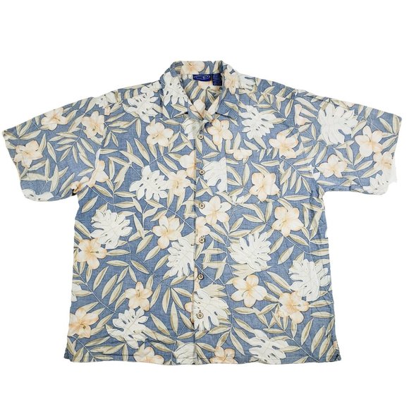 OP Ocean Pacific Hawaiian Short Sleeve Button Up Shirt Mens L Floral Blue Peach - Picture 1 of 10
